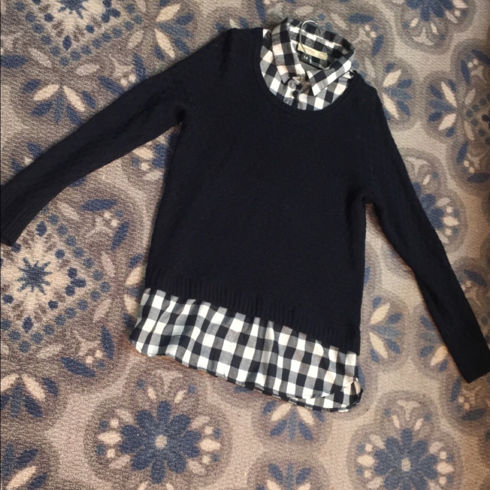 Faded glory navy blue sweater w/ checkered shirt
